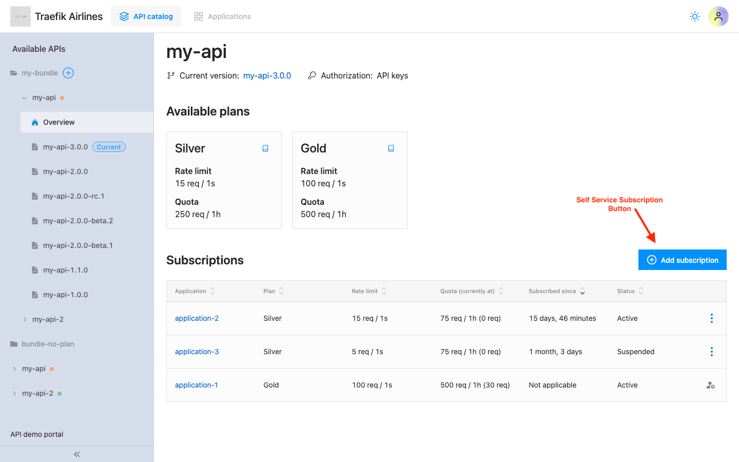 Self-service subscription form in API portal