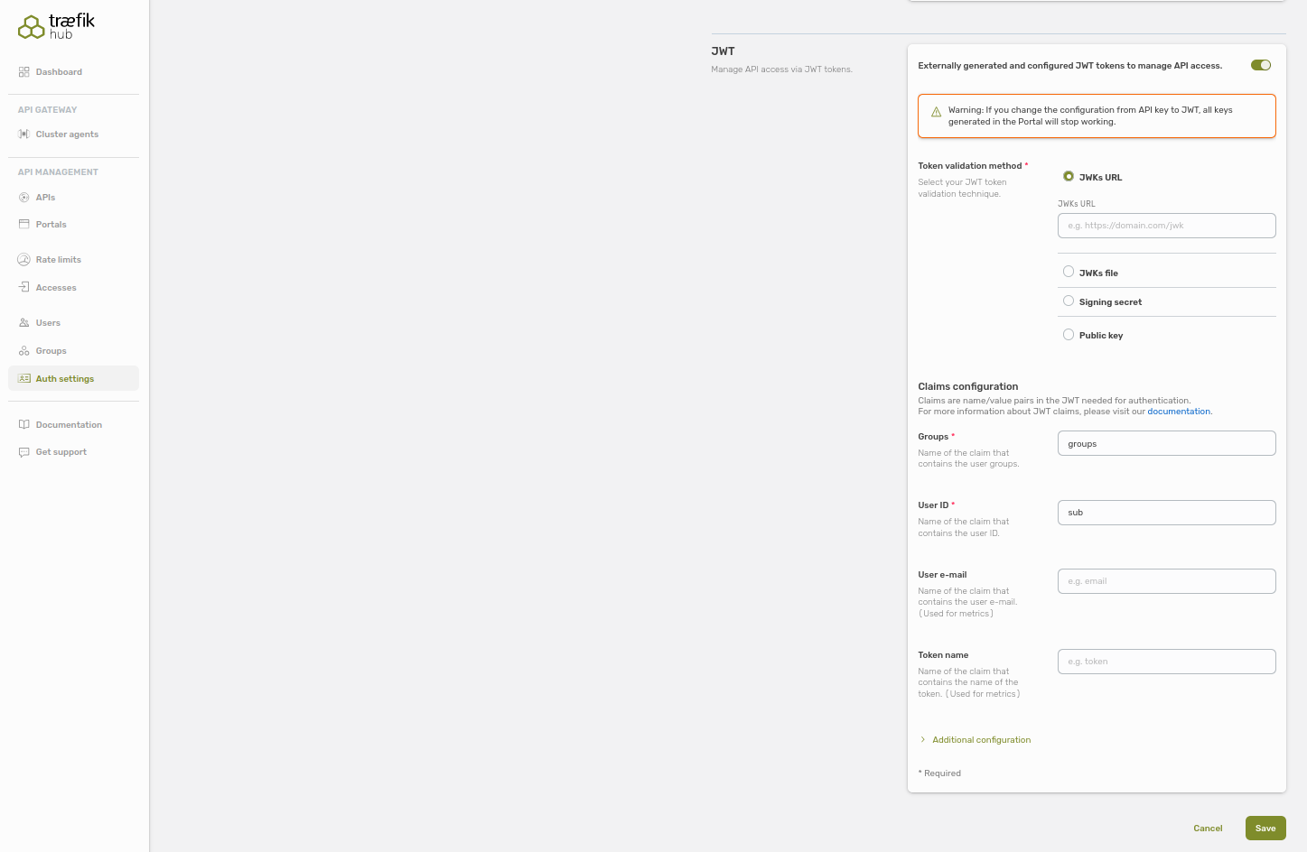 JWT settings form.