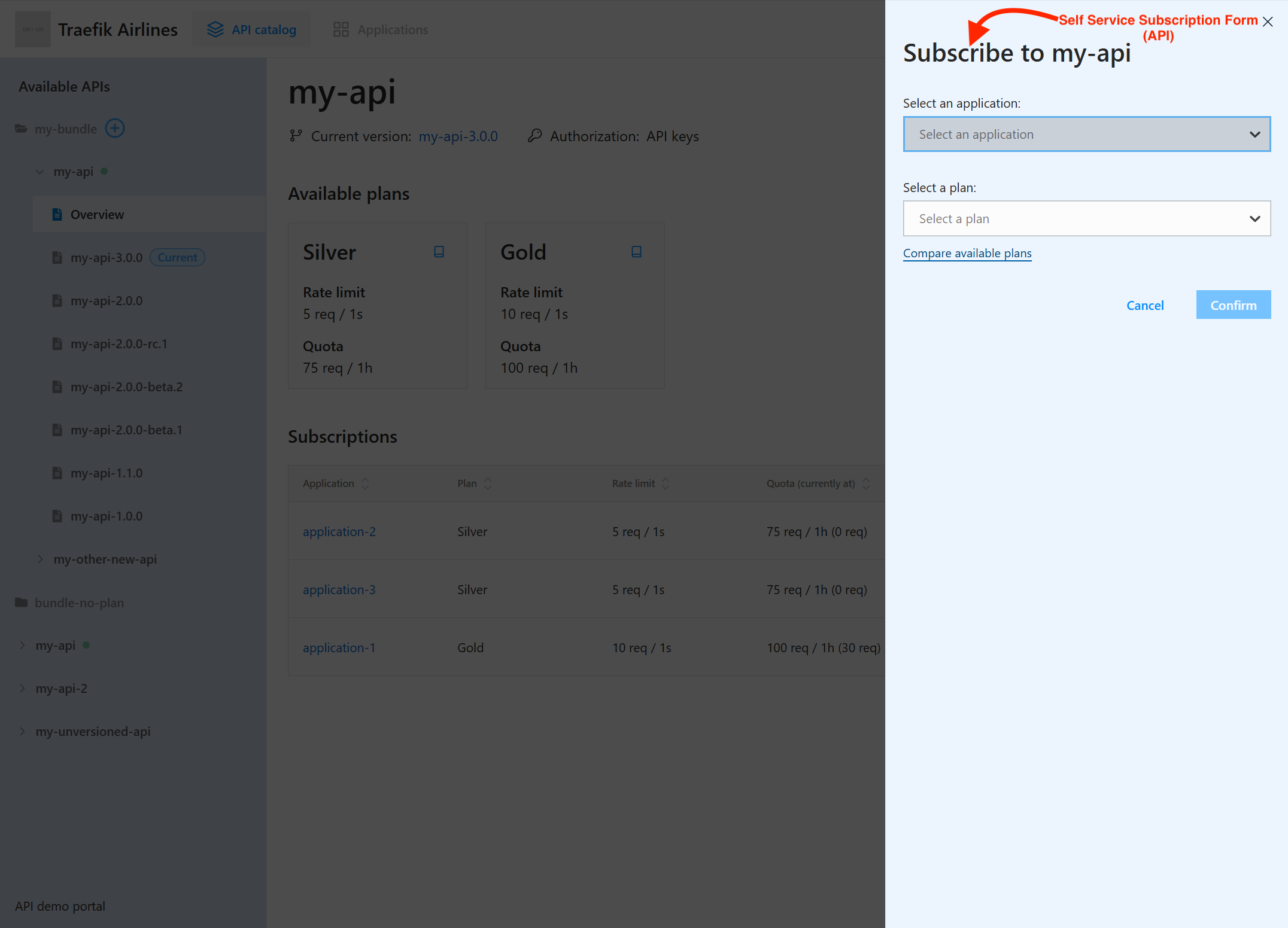 Self-service subscription form in API portal