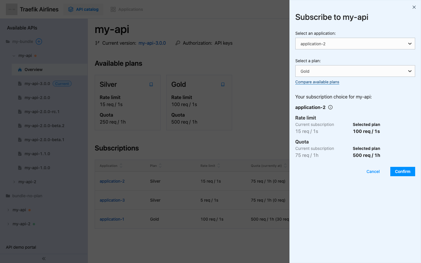 Self-service subscription form in API portal